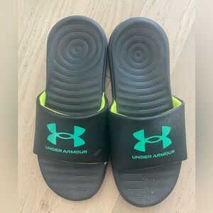 Under Armour Ansa Big Kids Slides Size 6 Youth Black Green Yellow Excellent